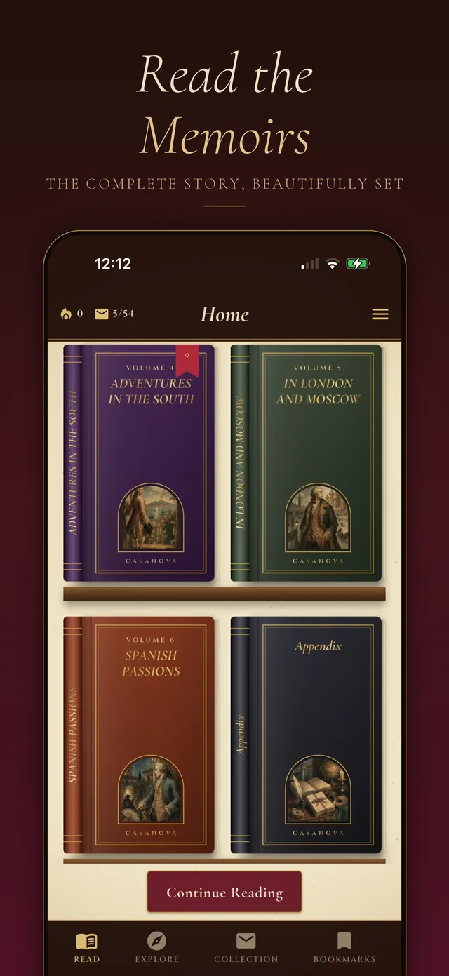 Home screen of the Casanova's Memoirs app showing the six volumes