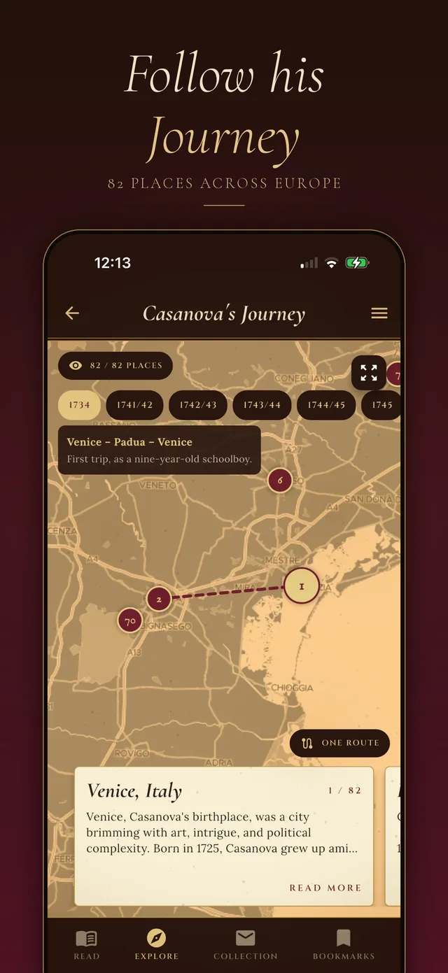 Map of Casanova’s journey across Europe in the app