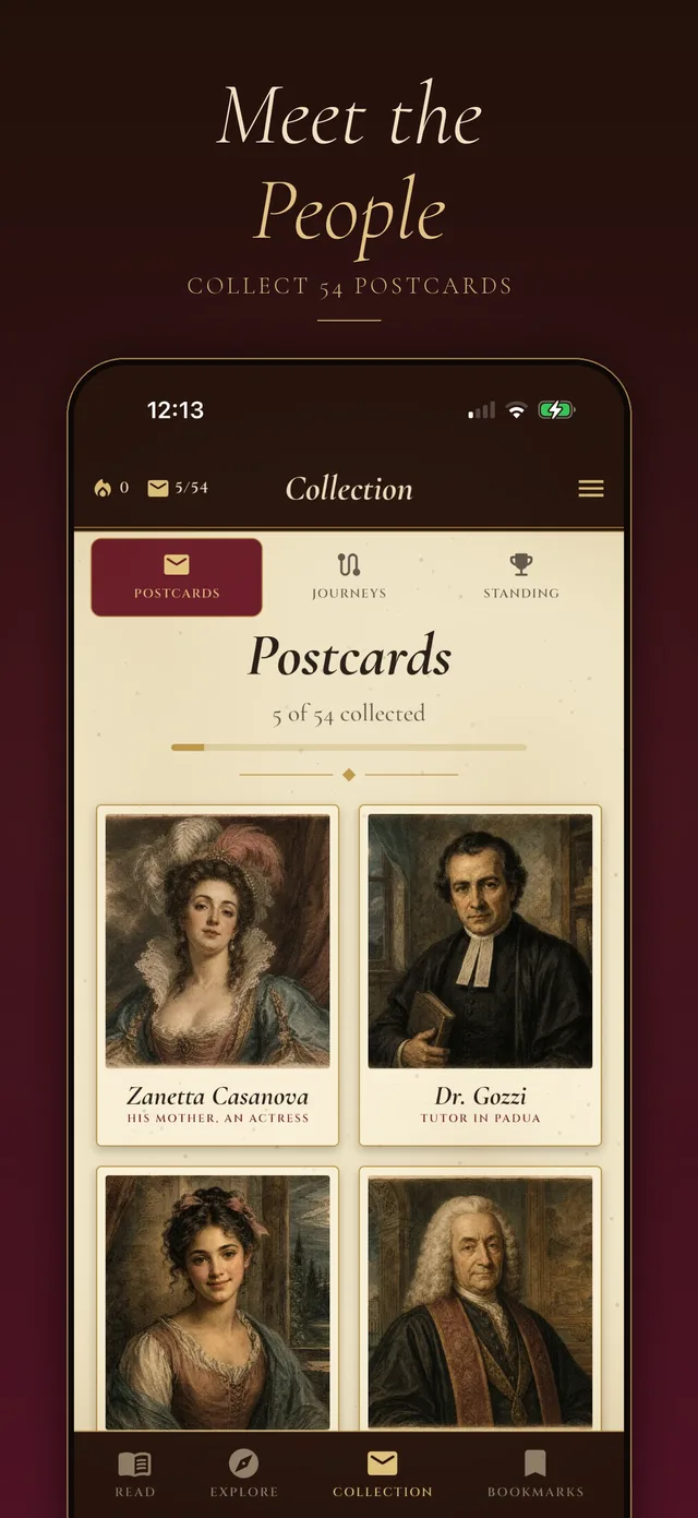 Postcard collection screen in the app