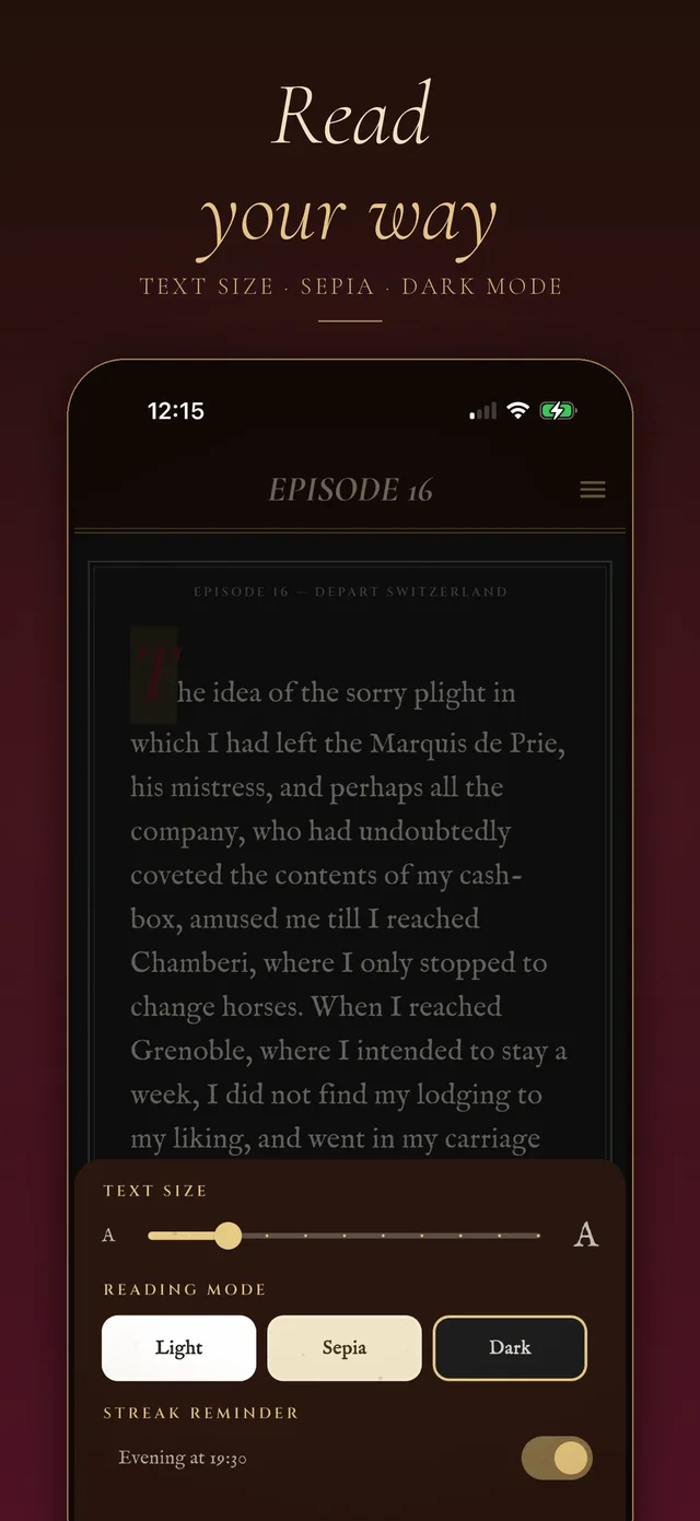 Reading settings with text size and dark mode