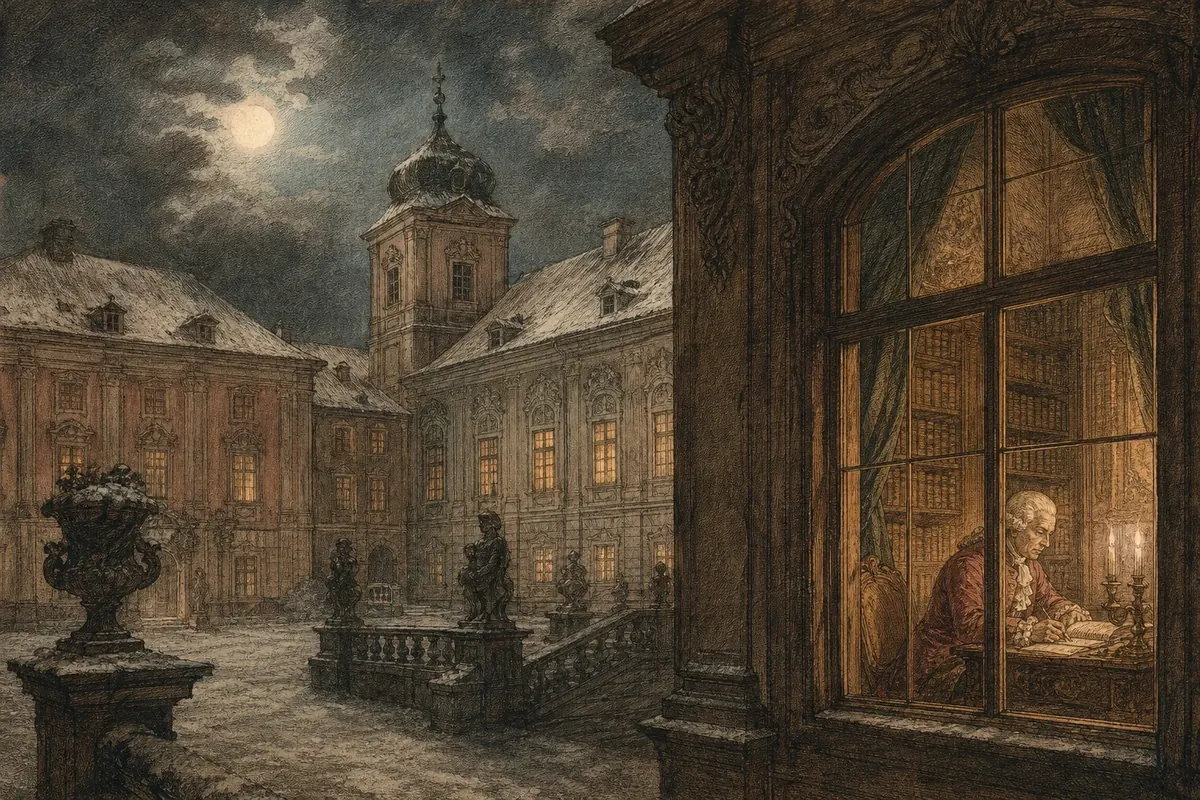A snowy courtyard at night, with Casanova writing by candlelight in a lit castle window