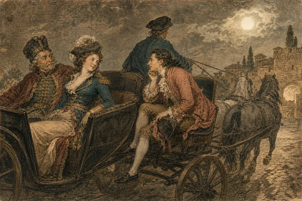 A couple and a young man in an open carriage under a full moon