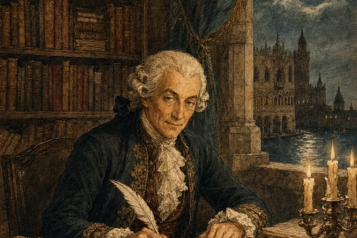 Casanova writing his memoirs by candlelight, with the Doge's Palace in the background