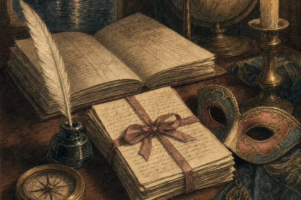 An open manuscript, a bundle of letters, a quill and a Venetian mask on a desk