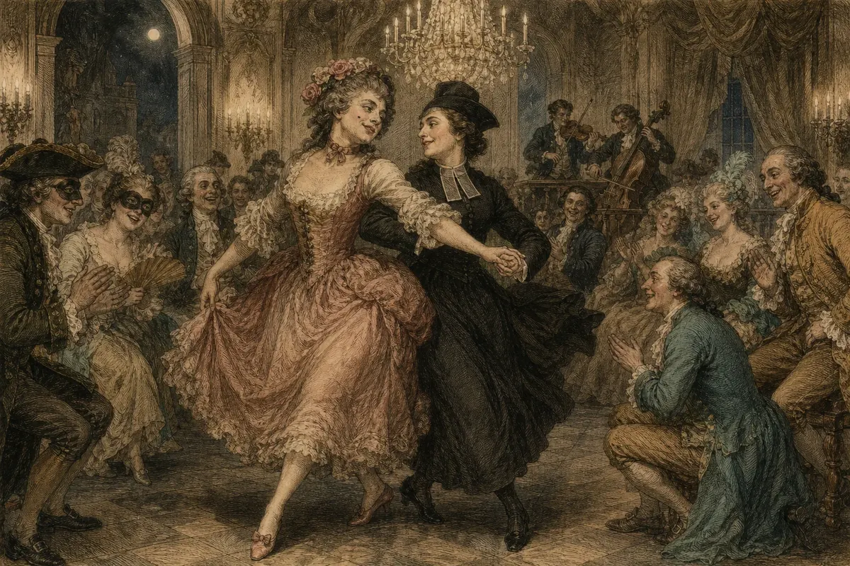 Dancers at a masked ball in an 18th-century salon
