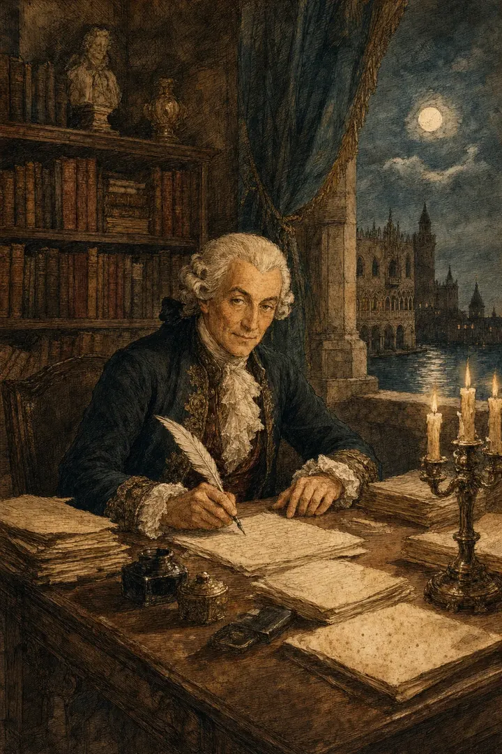 Casanova writing his memoirs by candlelight, with the Doge's Palace behind him