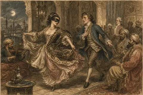 A masked woman dancing with a man at a Venetian ball while musicians play