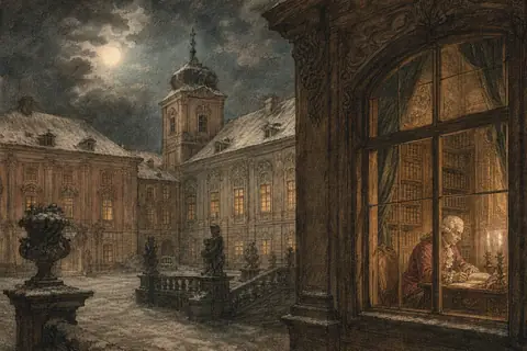 A snowy courtyard at night, with Casanova writing by candlelight in a lit castle window