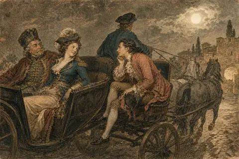 A couple and a young man in an open carriage under a full moon