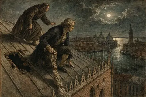 Casanova and Father Balbi on the lead roof of the Doge's Palace at night, with Venice below