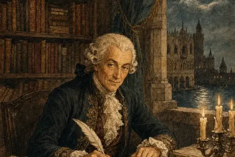 Casanova writing his memoirs by candlelight, with the Doge's Palace in the background