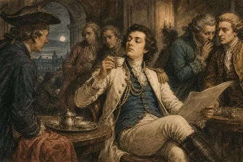 A young man reading a gazette over coffee in an 18th-century café while others talk behind him