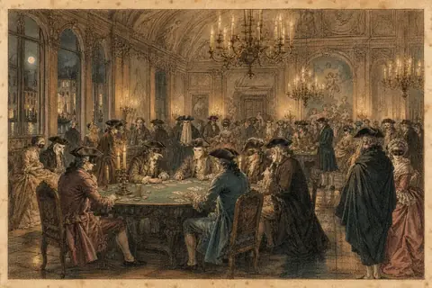 Masked gamblers at a card table in the Ridotto, the gambling salon of 18th-century Venice