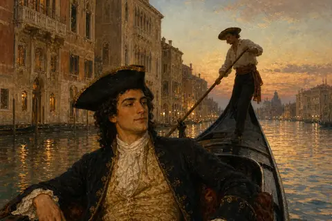 A young man in a tricorn hat reclining in a gondola on the Grand Canal at sunset