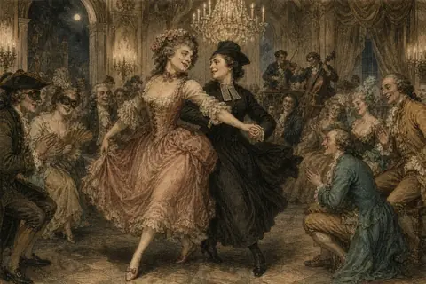 Dancers at a masked ball in an 18th-century salon